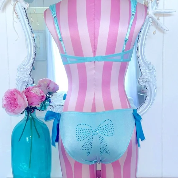 VS 2 PC Bride Tiffany Blue Wedding Demi Lined Bra Bling Bow Panties - Picture 3 of 9
